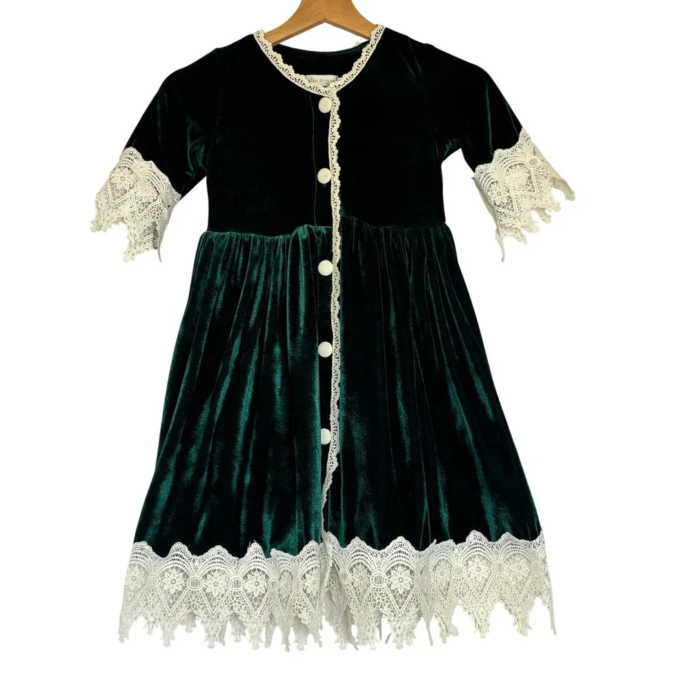Trish Scully Child Green Velvet Lace Trim Holiday Dress Kids Size 7 RN136919